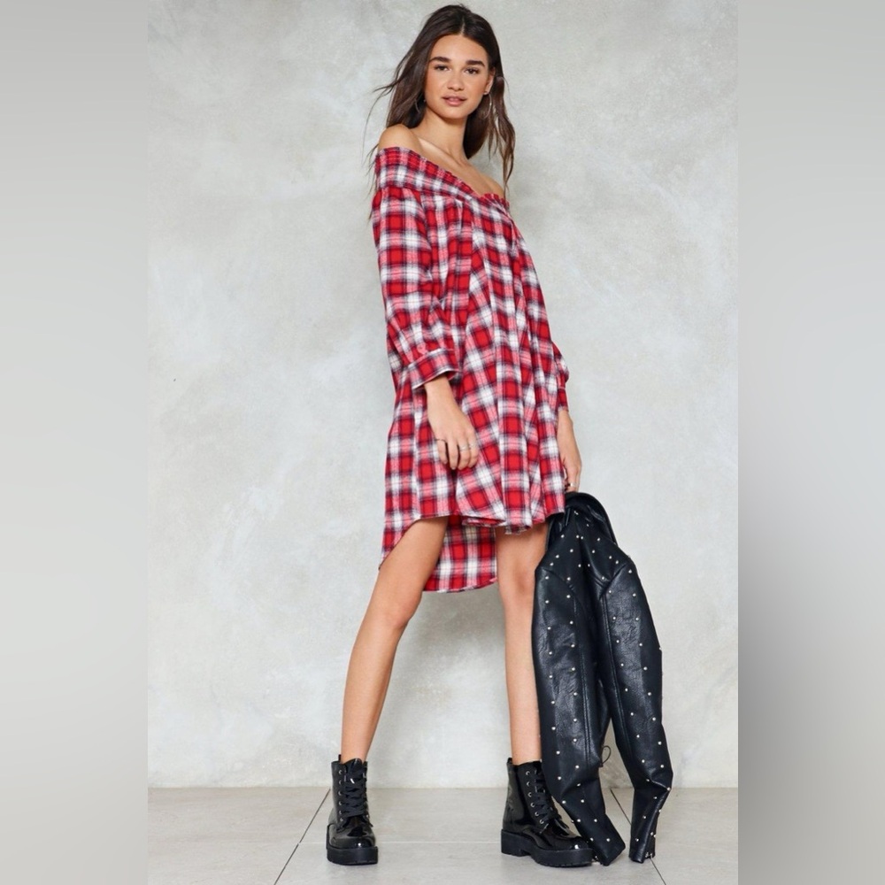 Nasty Gal Red Plaid Flannel Oversized Shirt Dress Large